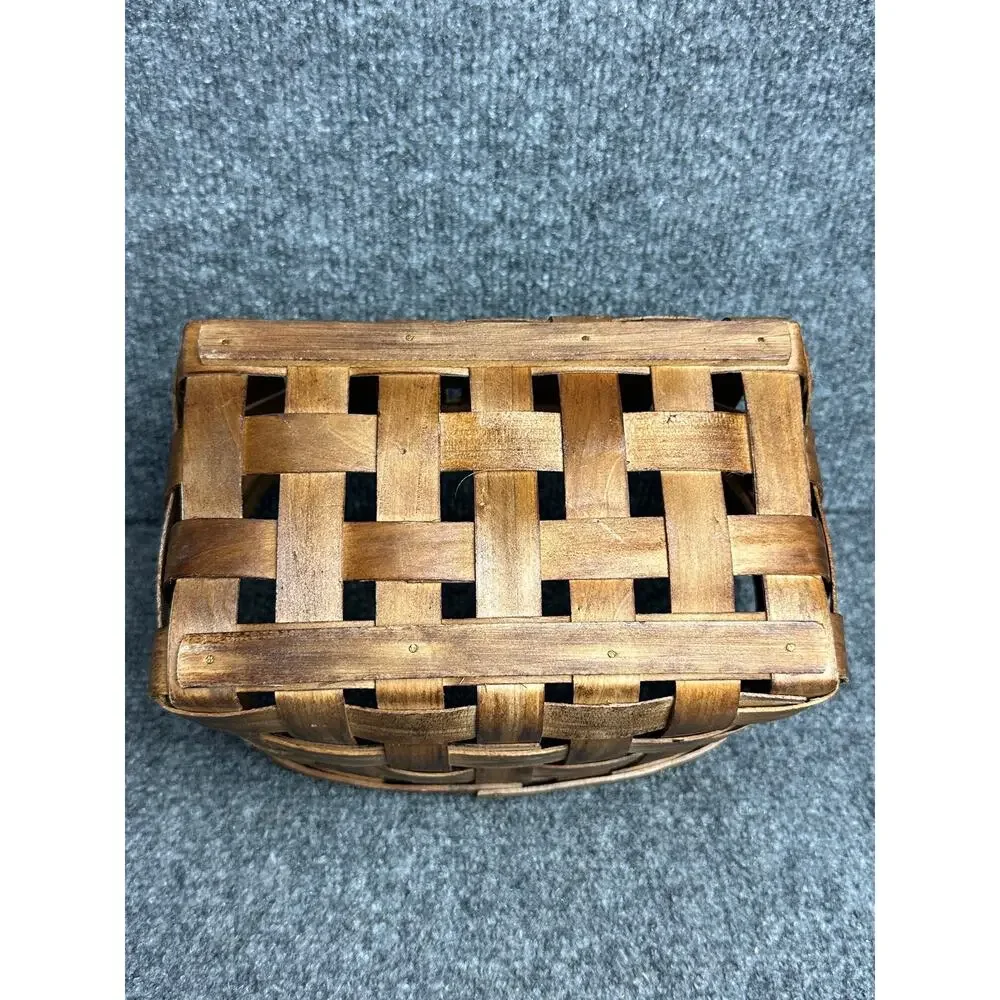 Vintage handmade woven split wood basket 9”rustic farmhouse storage nailed rim